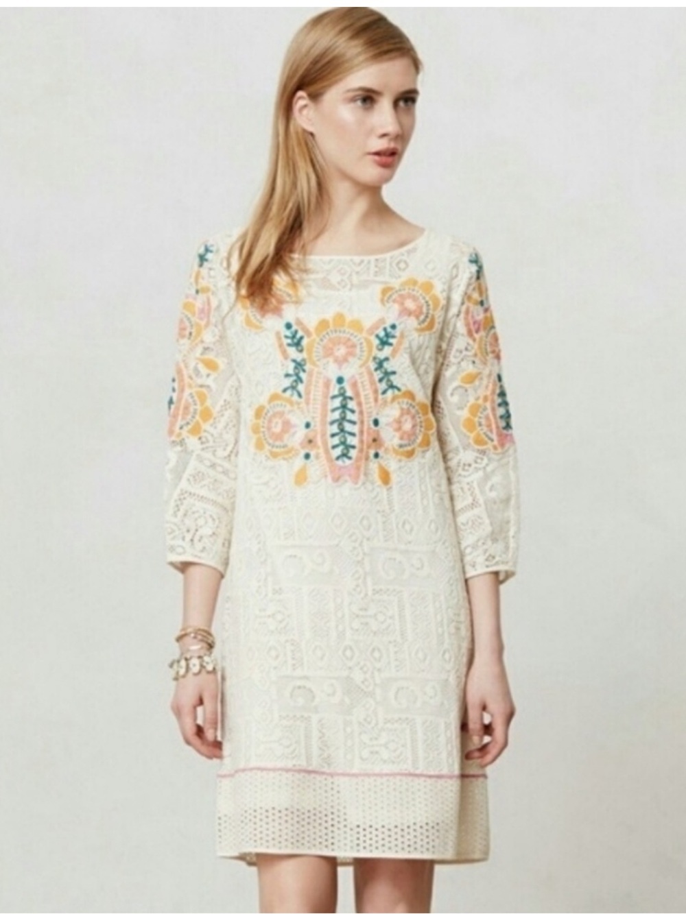 Anthropologie Vineet Bahl Cream Embroidered Lace Shift Dress with Floral Accents